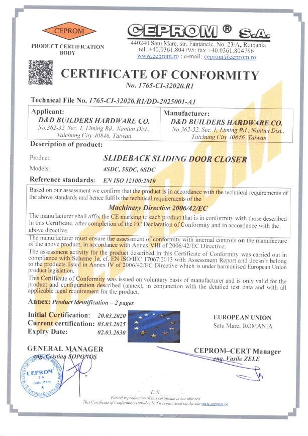 ใบรับรอง CE ของตัวปิดประตูเลื่อน SLIDEback